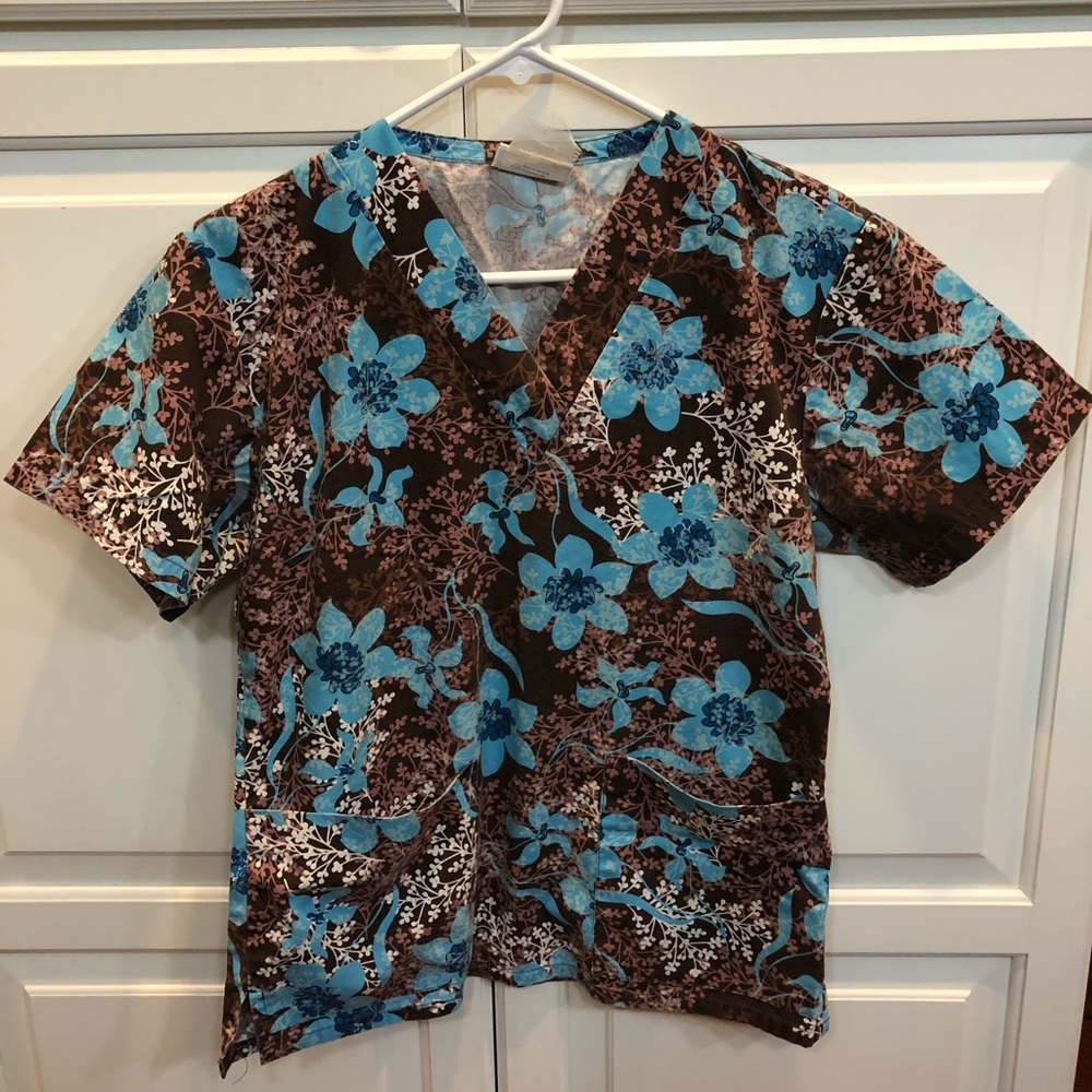 Life Uniform Brown Blue Floral Scrub Top